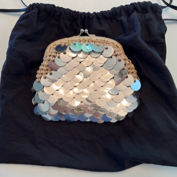 Sigerson Morrison silver sequin rafia clutch purse bag